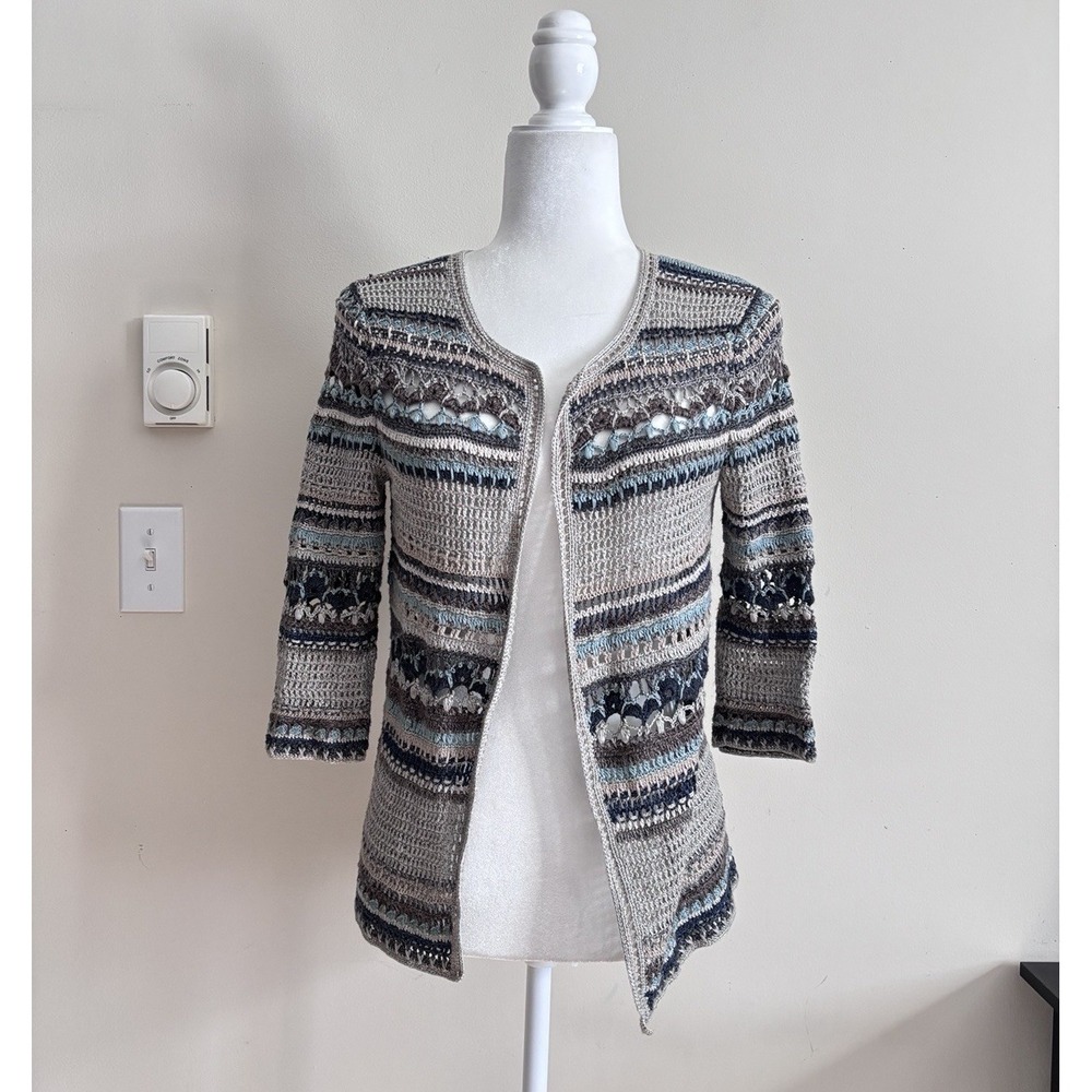 Peruvian Connection Womens XS Crochet Cardigan Pima Cotton Brown Blue Boho Chic‎